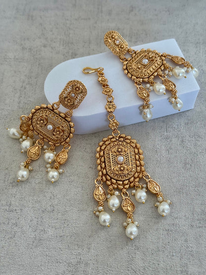 Ayura Designs Elahi Antique Gold-Plated Choker Set with Earrings & Tikka, Adorned with Pearl Drops