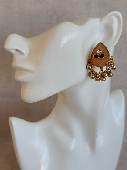 Ayura Designs Aykai Earrings – Champagne Peach Teardrop Stud Earrings with Clear Kundan Stones and Gold Ghungroo Drops