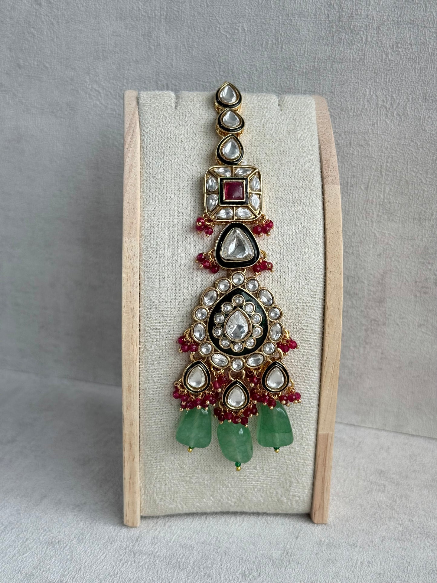 Ayura Designs Zahira Bridal Set with Necklace, Earrings & Tikka – Kundan Detailing with Green Enamel, Pink Stones & Jade Green Beads