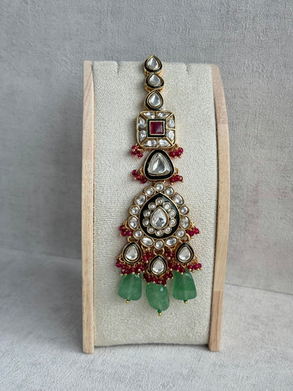 Ayura Designs Zahira Bridal Set with Necklace, Earrings & Tikka – Kundan Detailing with Green Enamel, Pink Stones & Jade Green Beads