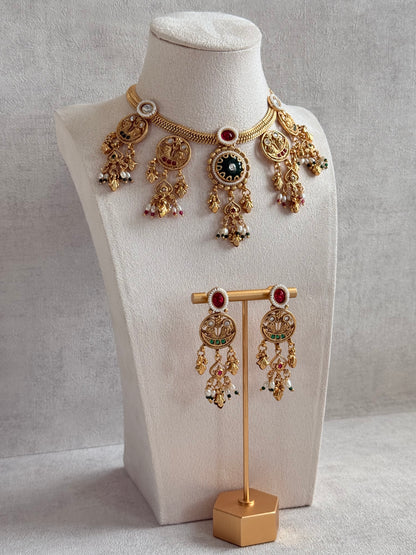 Ayura Designs Parchhai Necklace Set with Earrings – Ruby Red, Rose Pink & Emerald Green Stones, Bird Motifs & Pearl Detailing
