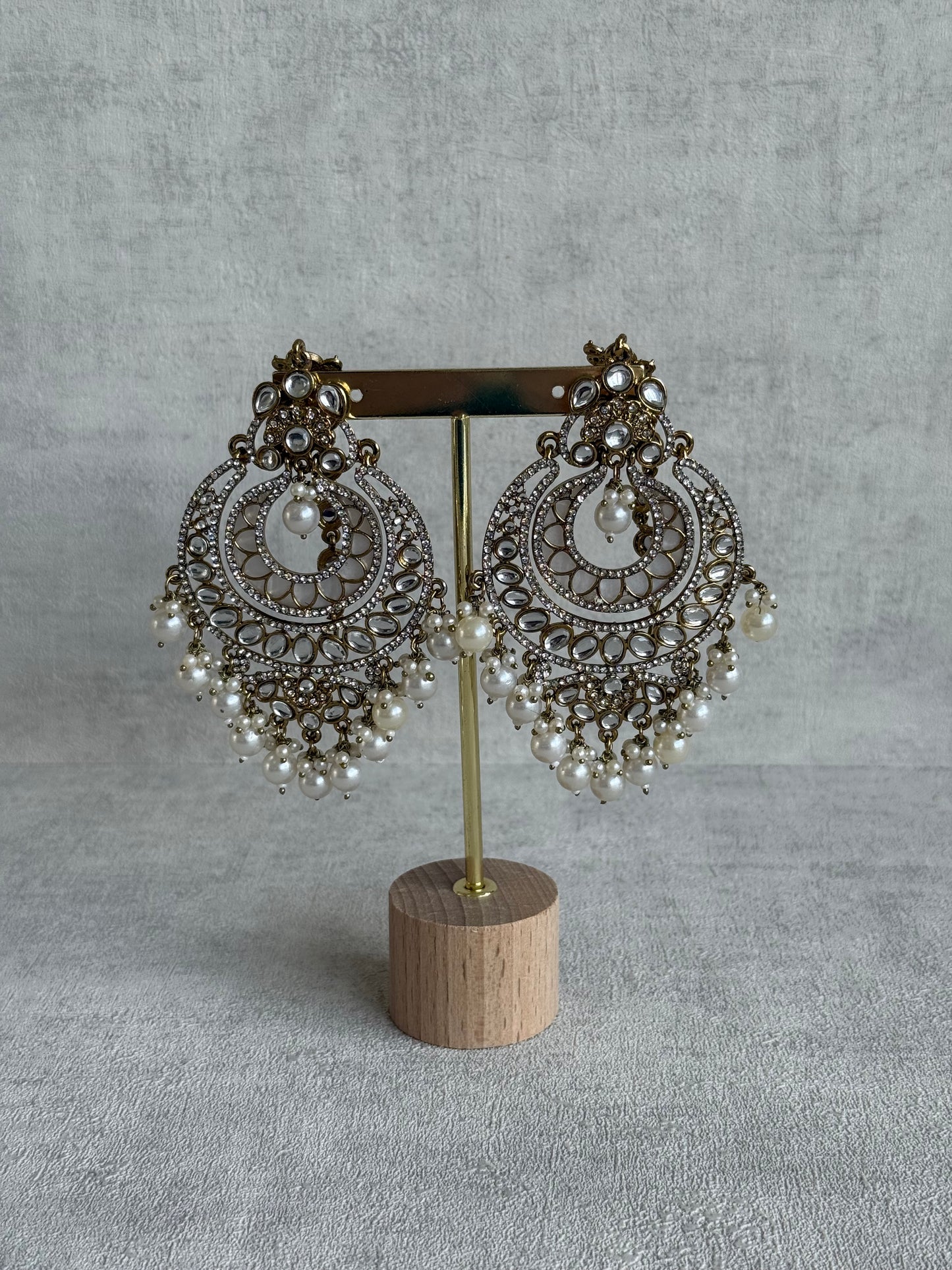 Ayura Designs Rabia Chandbalis – Antique Gold Kundan Earrings with Ivory Pearls & Attached Sahare