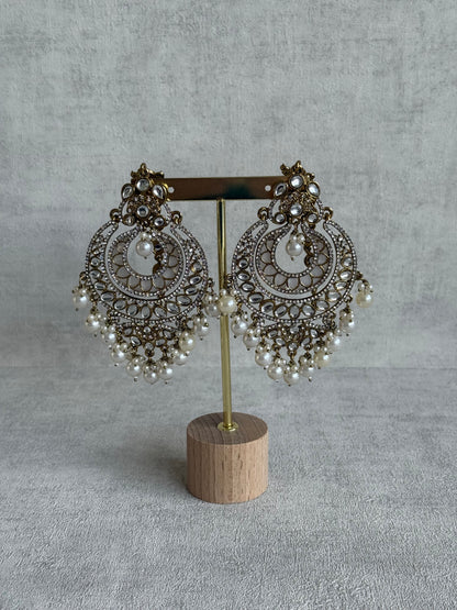 Ayura Designs Rabia Chandbalis – Antique Gold Kundan Earrings with Ivory Pearls & Attached Sahare