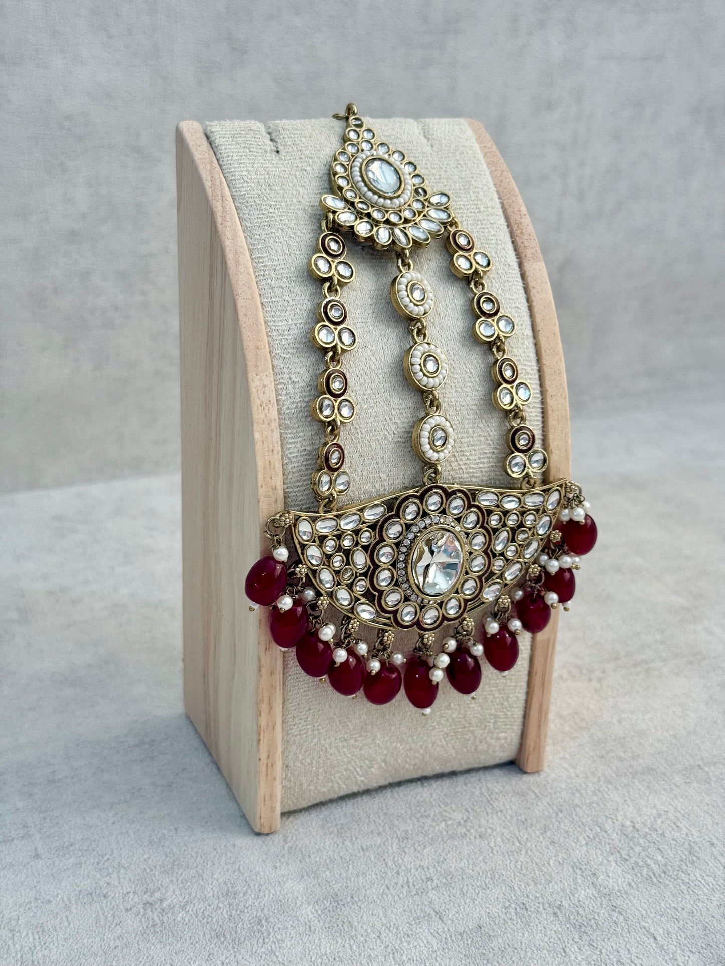 Ayura Designs Uma Jhoomar Passa – Ruby Red Drops with Kundan Stones & Antique Gold Finish