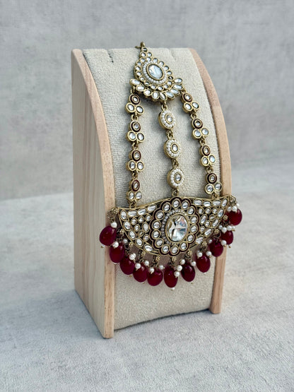 Ayura Designs Uma Jhoomar Passa – Ruby Red Drops with Kundan Stones & Antique Gold Finish