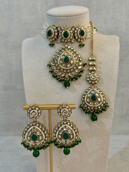 Ayura Designs Tehreem Set with Necklace, Earrings & Tikka – Mirror-Cut Stones, Ruby Red Beads & Antique Gold Finish