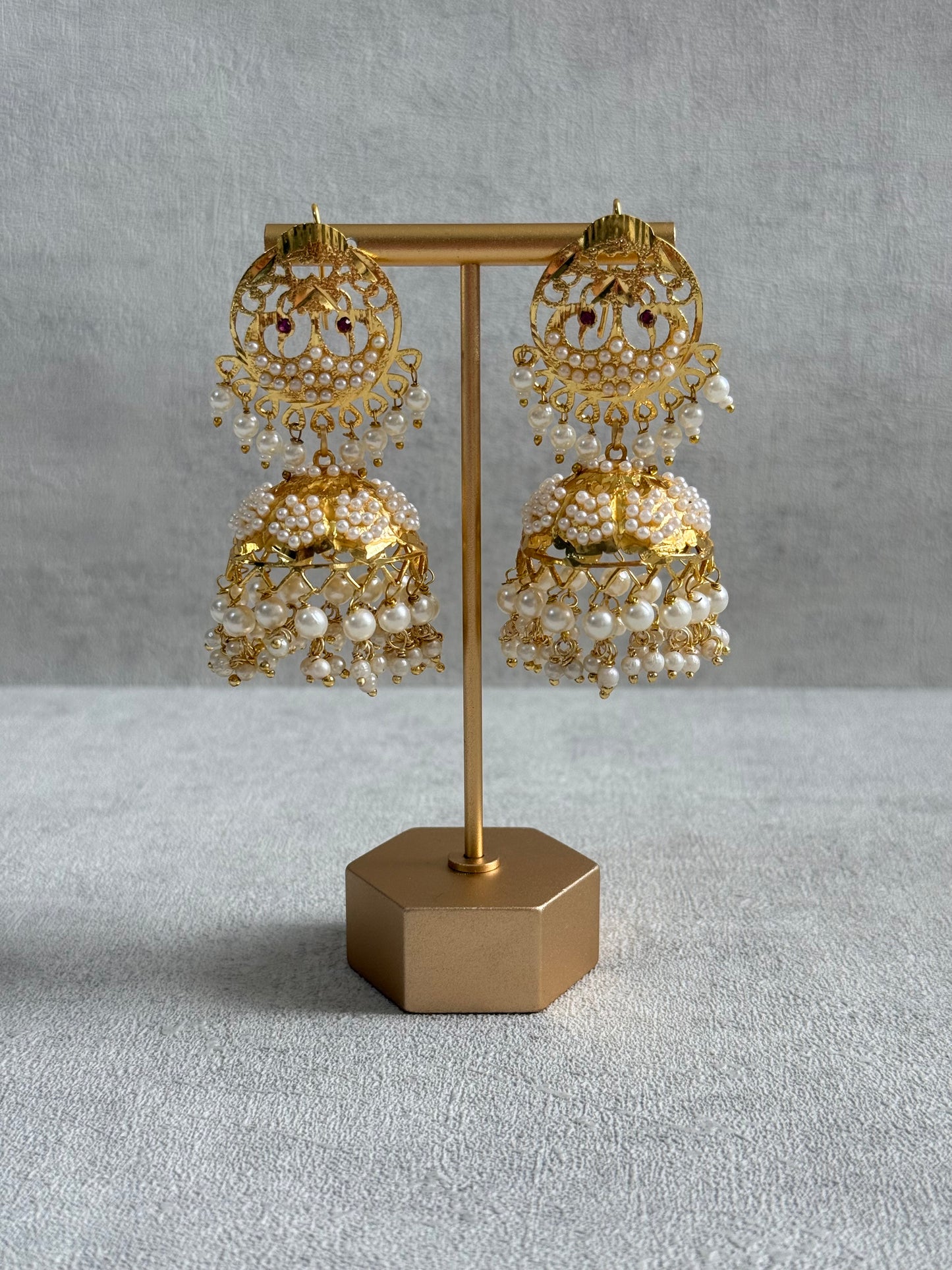 Ayura Designs Pannu Jhumkis – Pippal Patti Gold Jhumkis with Pearl Detailing