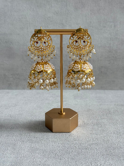 Ayura Designs Pannu Jhumkis – Pippal Patti Gold Jhumkis with Pearl Detailing