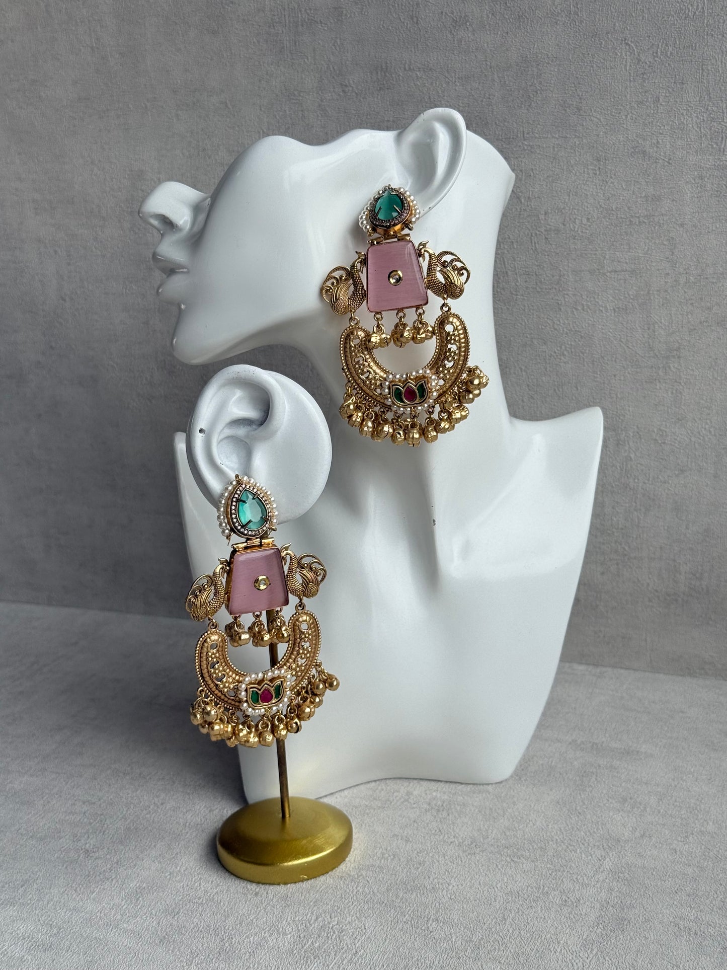 Ayura Designs Sahar Earrings – Statement Earrings with Blush Pink Stone, Mint Green Accents & Ghungroo Detailing