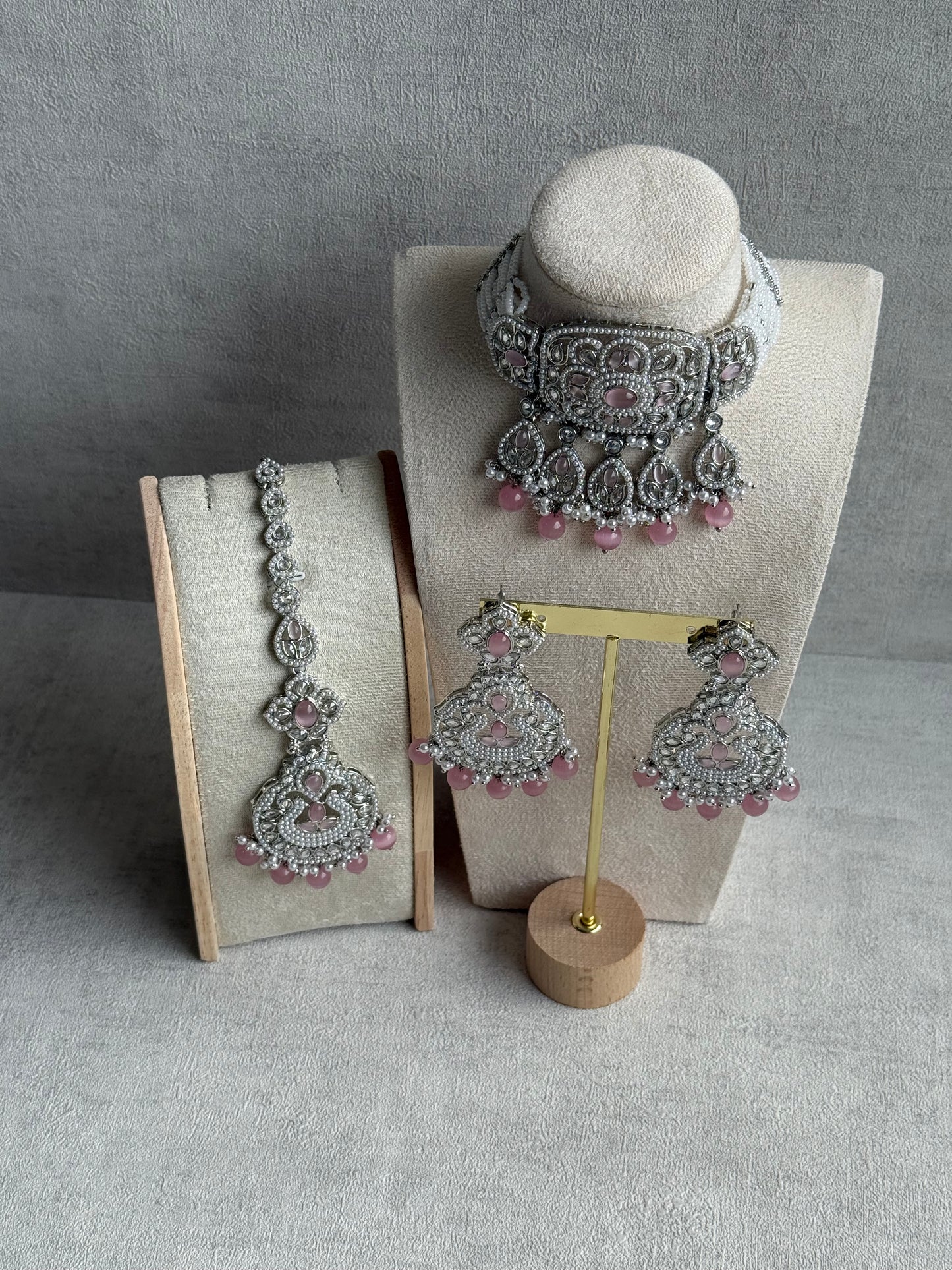 Ayura Designs Zarlish Set – Choker, Earrings & Tikka with Mirror-Cut Stones, Blush Pink Beads & Silver Finish