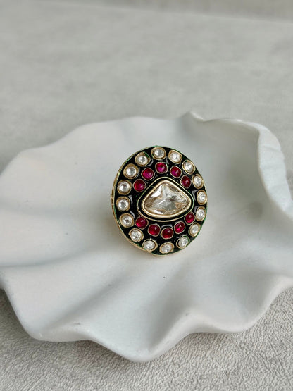 Ayura Designs Firdos Adjustable Ring – Mirror-Cut Stone Statement Ring with Green Enamel & Ruby Pink Detailing