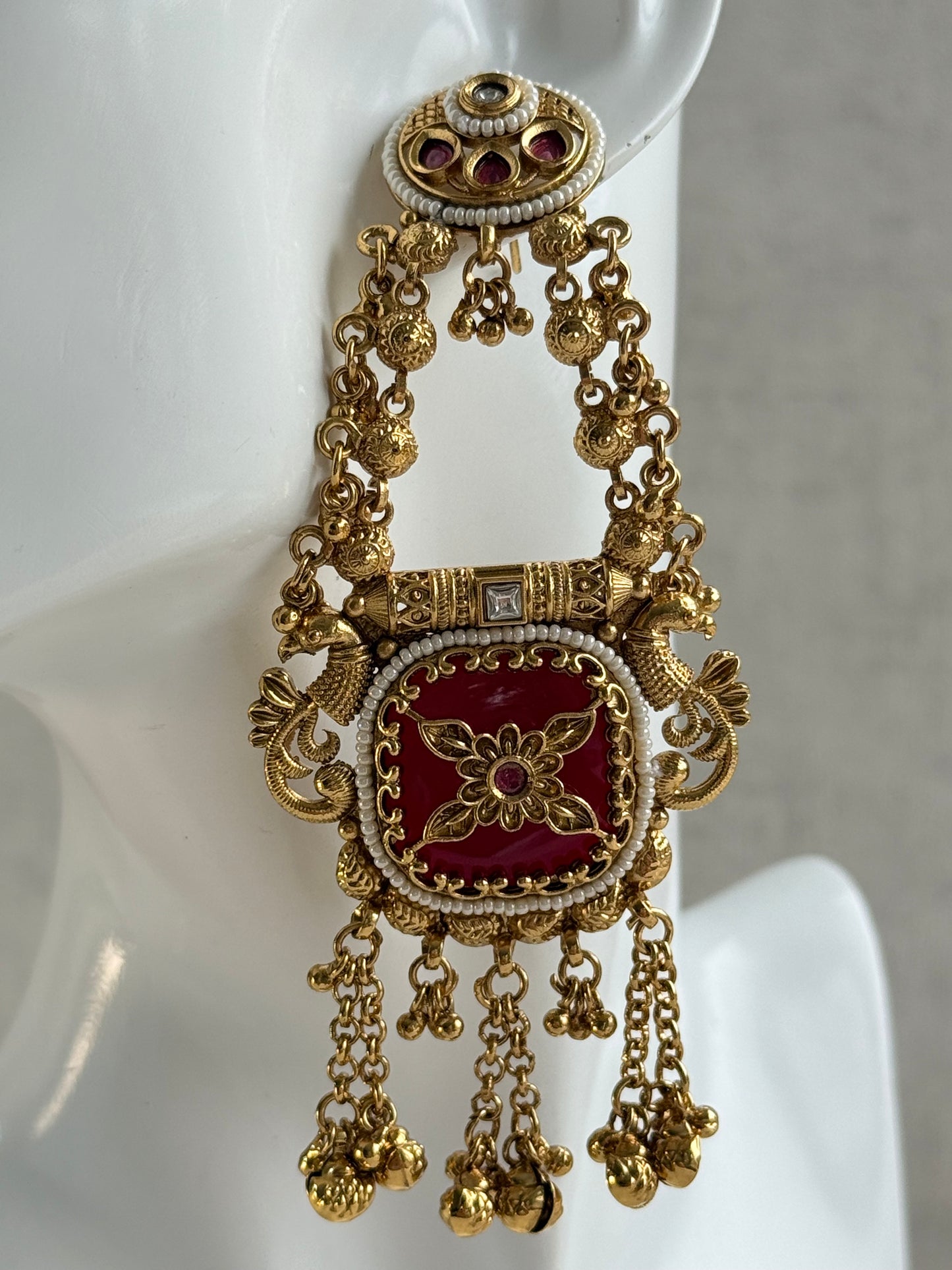 Ayura Designs Hazar Earrings – Gold Peacock Design with Ruby Red Enamel, Pearl Beading & Ghungroo Detailing