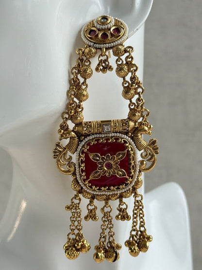 Ayura Designs Hazar Earrings – Gold Peacock Design with Ruby Red Enamel, Pearl Beading & Ghungroo Detailing