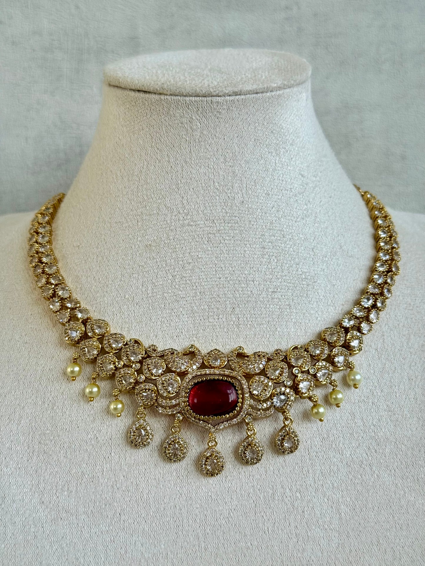 Ayura Designs Amreen Set with Earrings – Interchangeable Centre Stones with Peacock Motifs, Crystal Detailing & Pearl Drops