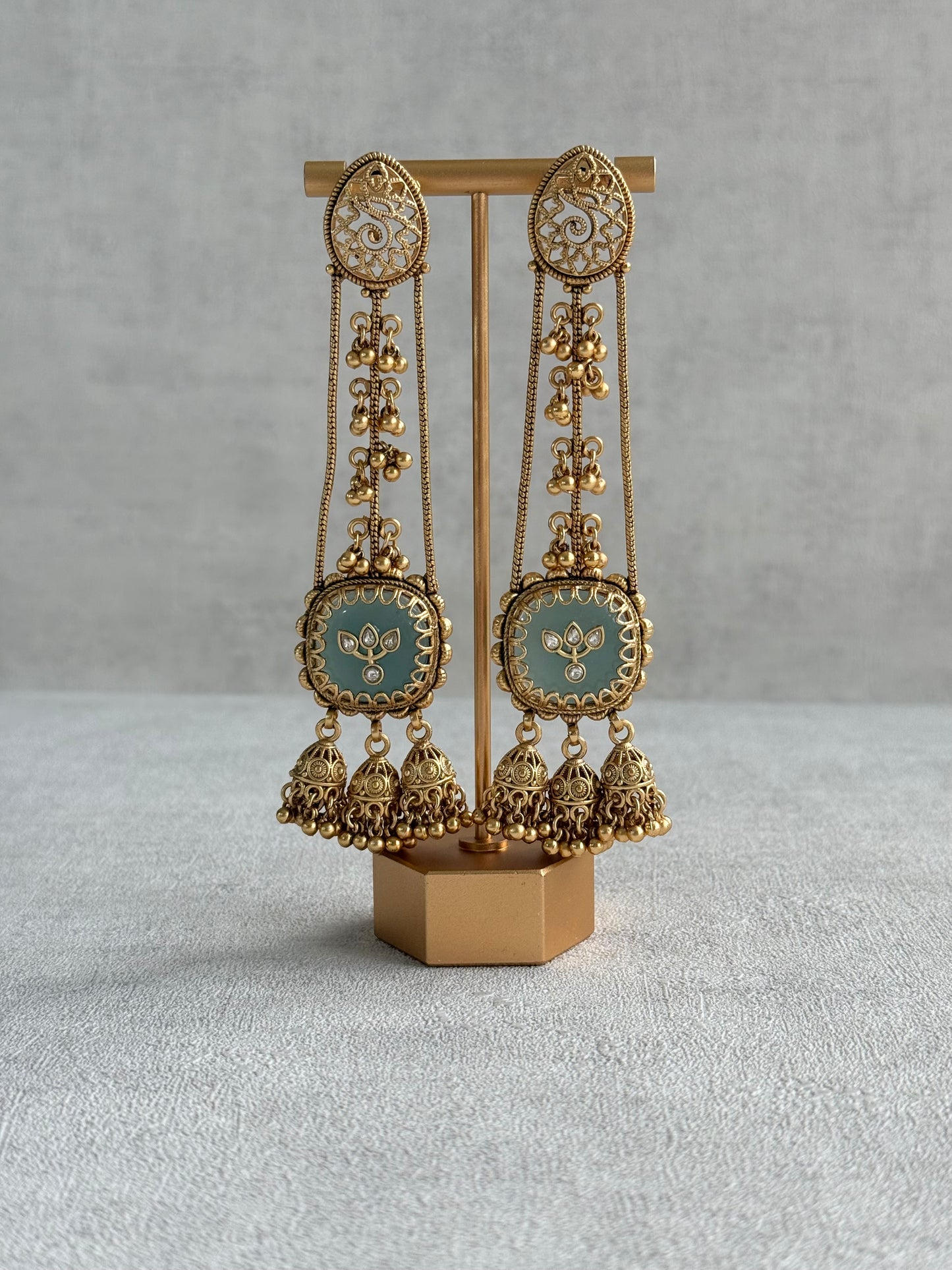 Ayura Designs Ihana Earrings – Mint Green Enamel with Kundan, Ghungroo & Jhumki Detailing