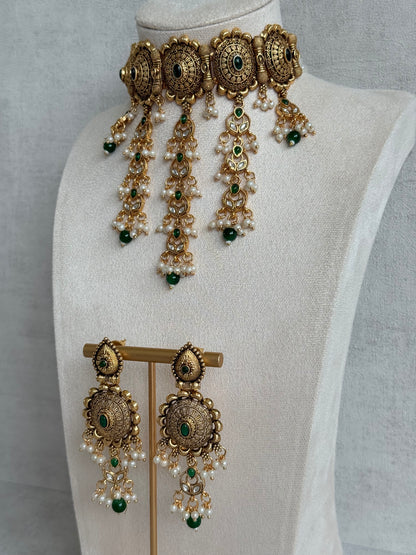 Ayura Designs Kabini Choker Set with Earrings – Gold Kundan Waterfall Choker with Emerald Green Beads & Pearls