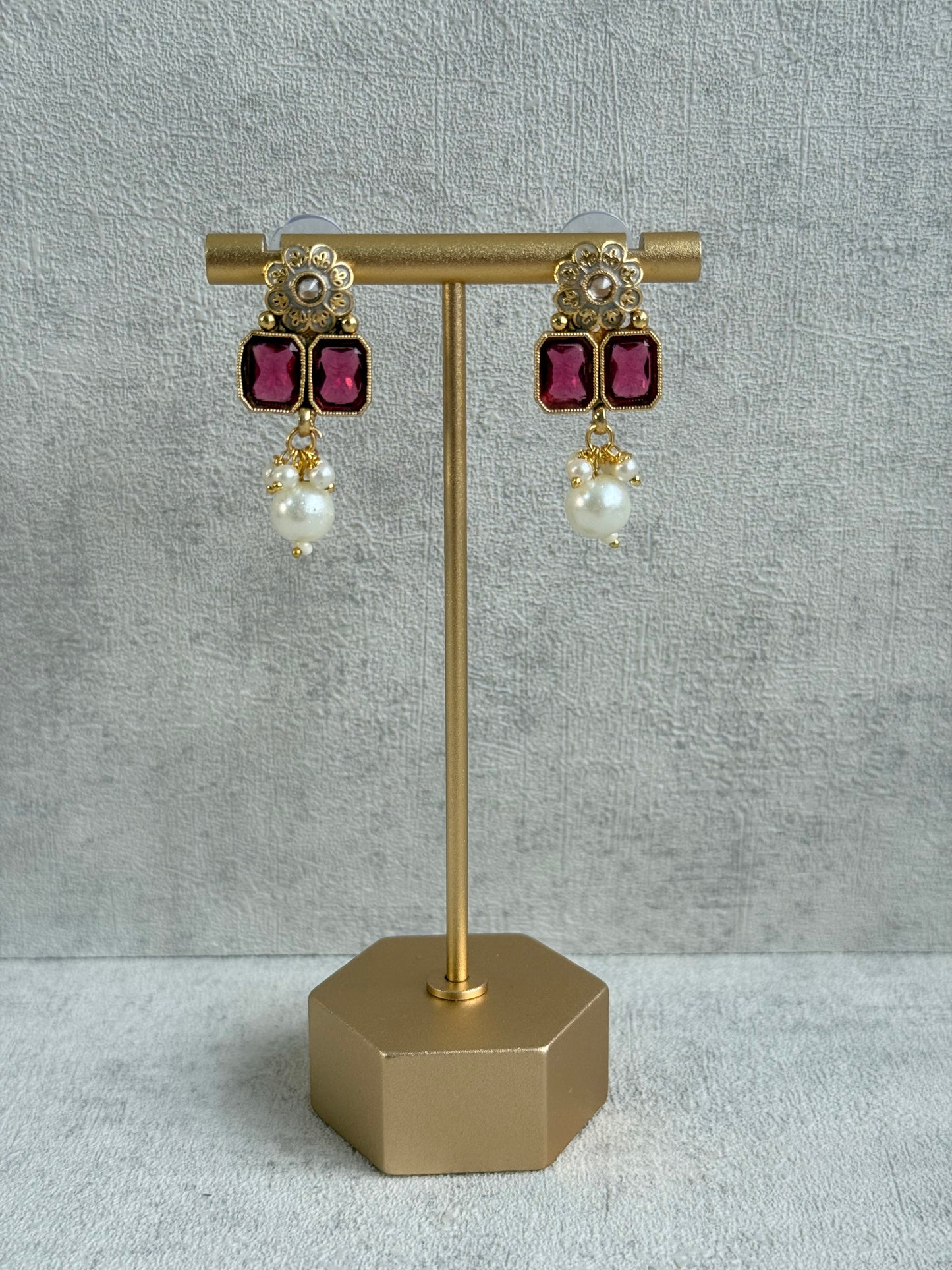 Ayura Designs Padma Necklace Set with Earrings – Rani Pink Stones with Pearl Drop Detailing