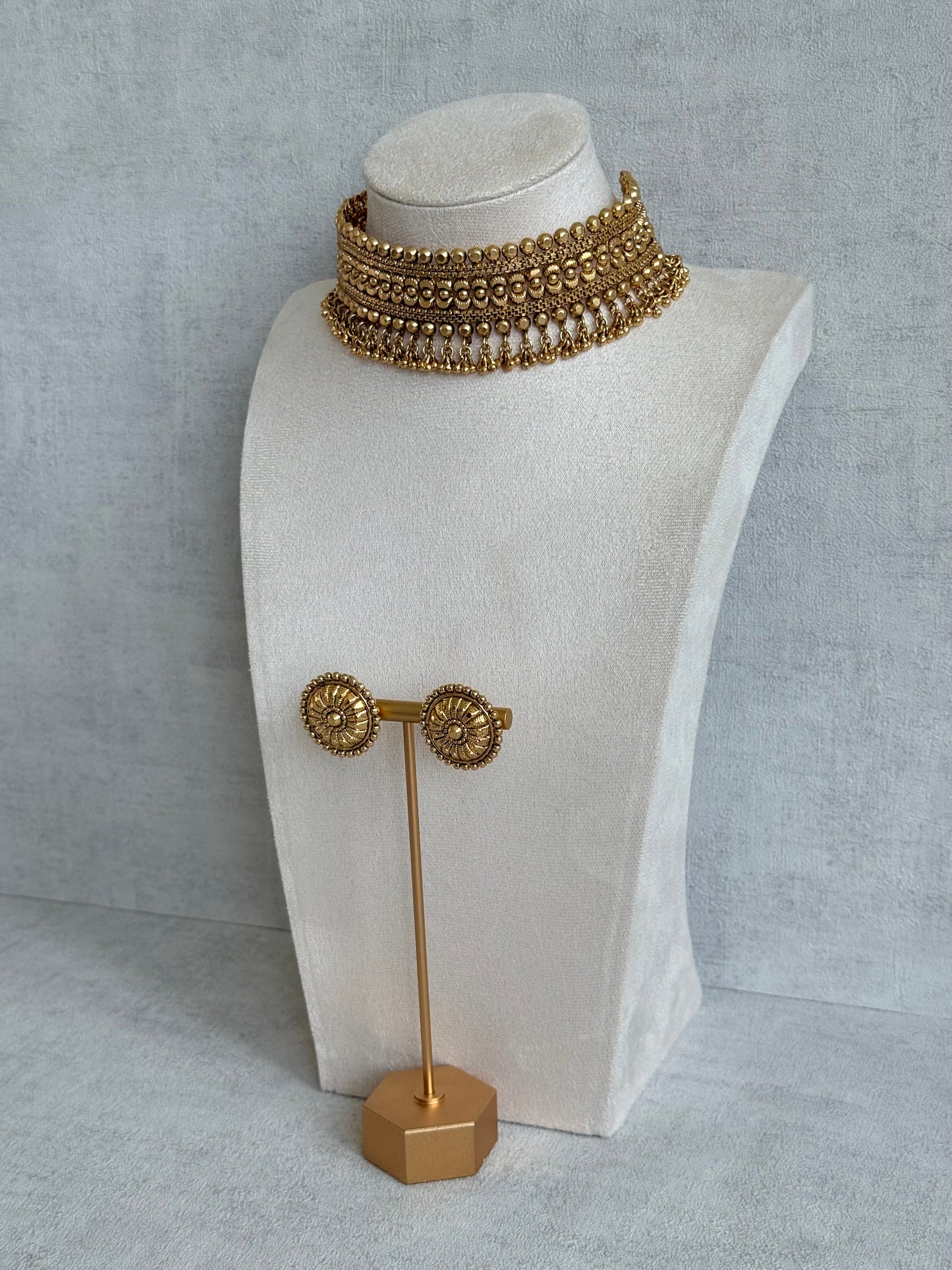 Ayura Designs Tavnoor Choker Set with Stud Earrings – Antique Gold Statement Choker with Traditional Bead Detailing