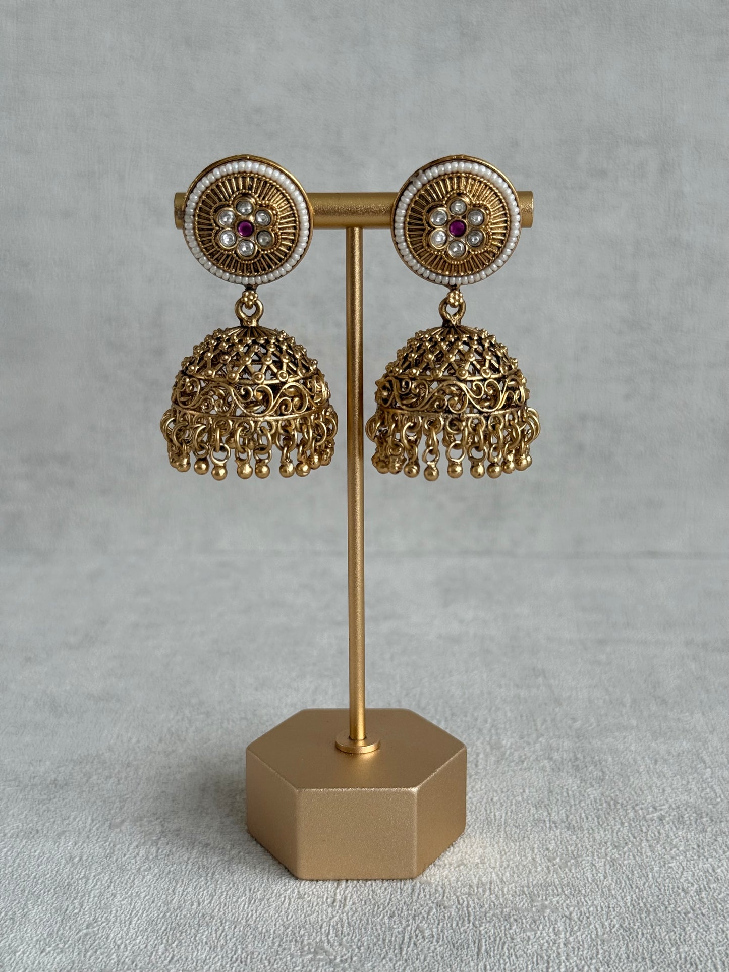 Ayura Designs Sabina Jhumkis with Detachable Sahare – Multicolour Kundan & Antique Gold Finish
