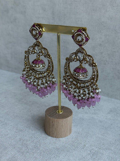 Ayura Designs Reha Earrings – Statement Chandbalis with Lavender Pink Beads, Pearls & Mirror-Cut Stones