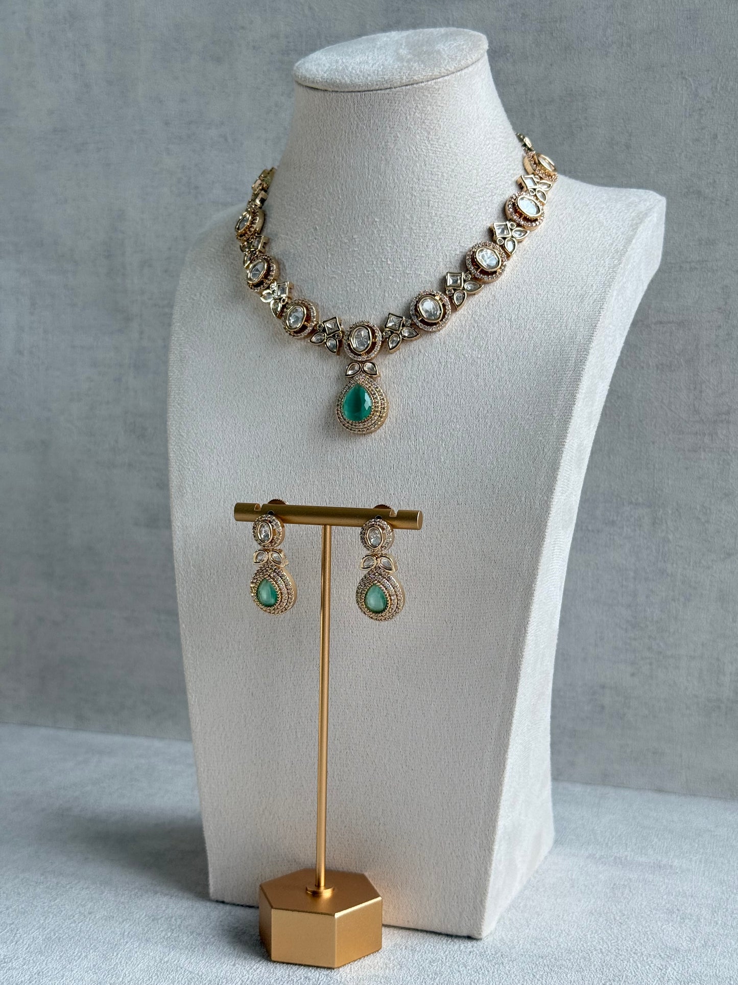 Ayura Designs Gazia Necklace Set with Earrings – Kundan, Mint Green Stones & Gold Finish