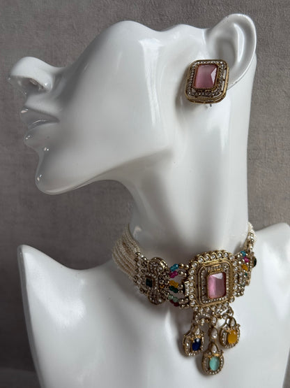 Ayura Designs Nabiha Choker Set with Studs – Blush Pink & Multicolour Stones, Pearl Detailing & Antique Gold Finish