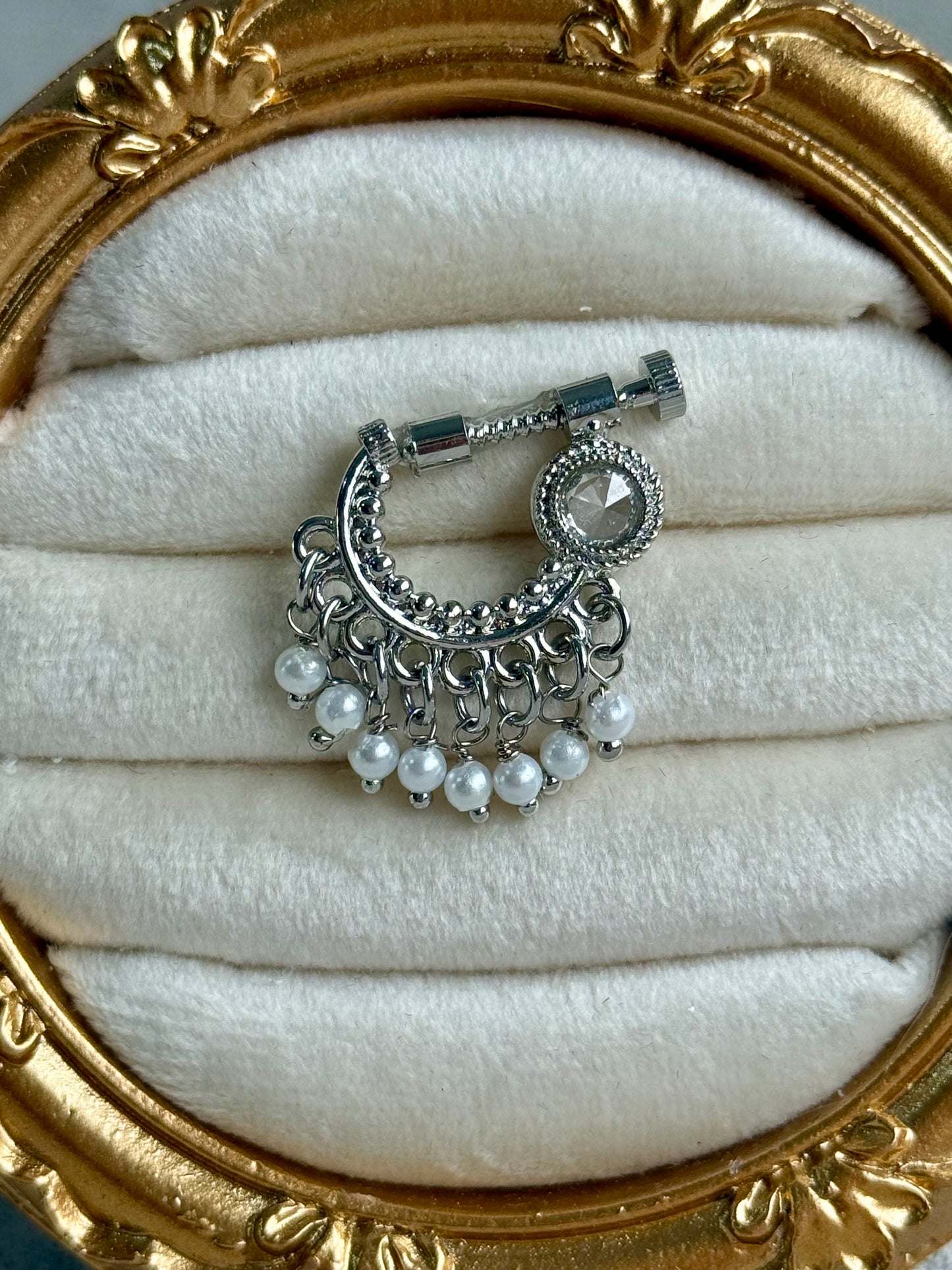 Ayura Designs Jalwa Nose Ring – Silver Finish with Mirror-Cut Stone & Pearl Fringe