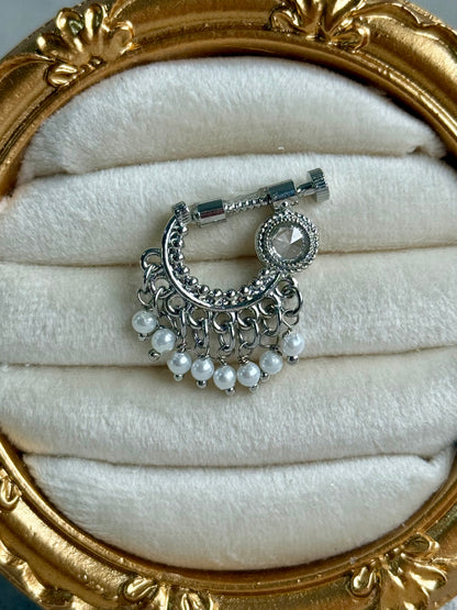 Ayura Designs Jalwa Nose Ring – Silver Finish with Mirror-Cut Stone & Pearl Fringe