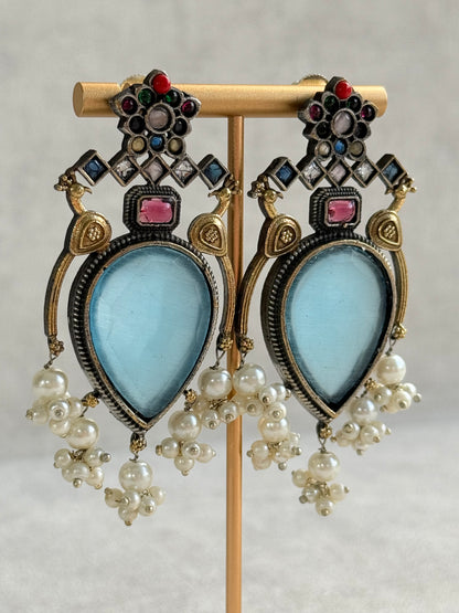 Ayura Designs Kafila Earrings – Dual Tone Oxidised Earrings with Peacock Motifs, Aqua Blue & Multicolour Stones