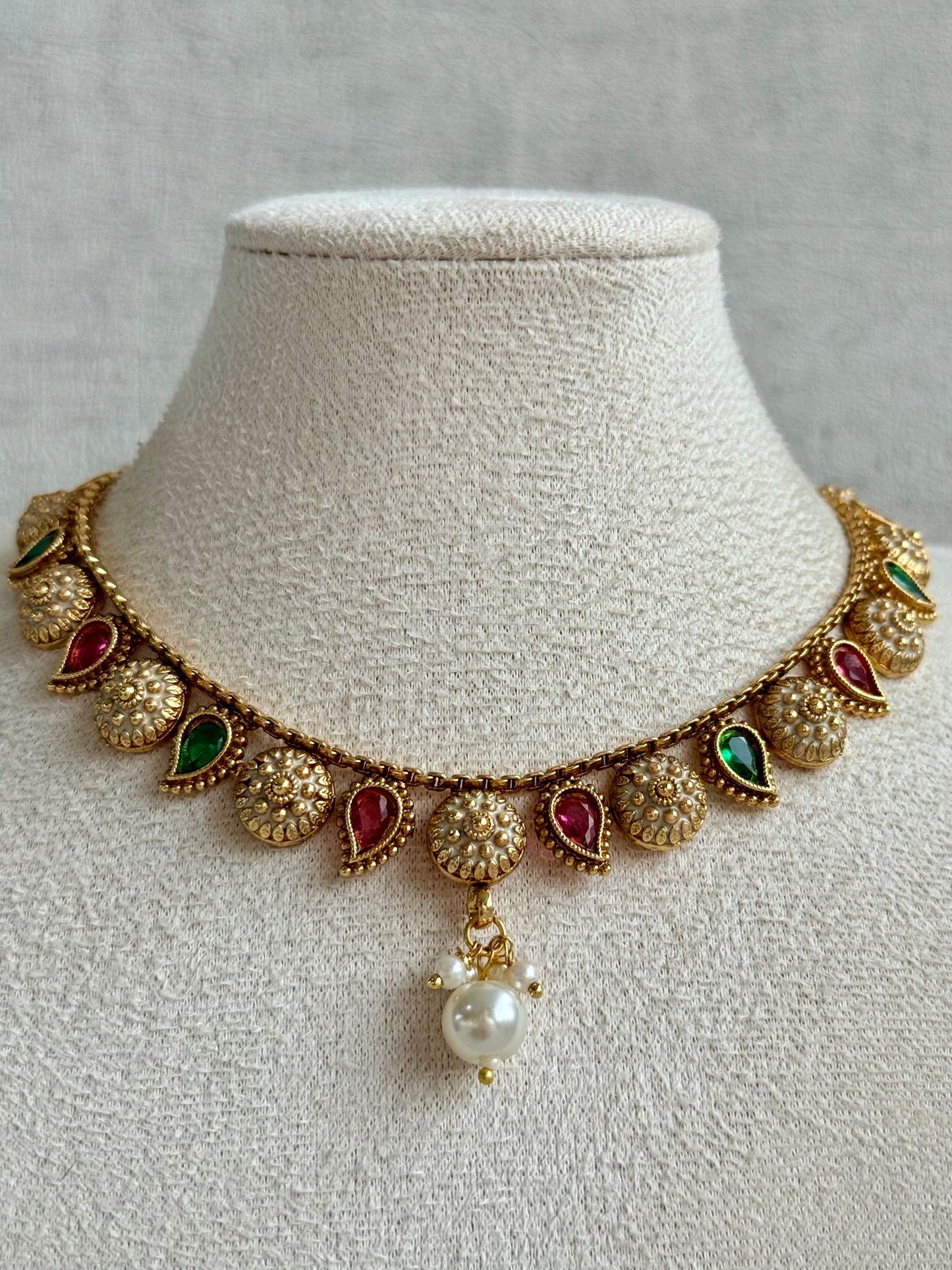 Ayura Designs Mayura Necklace Set with Earrings – Antique Gold Meenakari Motifs with Pearl Drop & Rani Pink and Emerald Green Stones