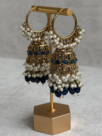 Ayura Designs Jugni Jhumkis – Antique Gold Balis with Ink Blue Beads & Pearl Clusters
