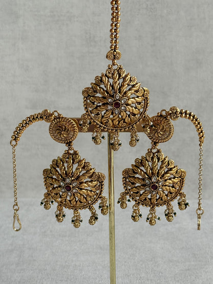 Ayura Designs Survi Tikka Set with Sahare Earrings – Antique Gold with Kundan, Pink Stones, Ivory & Green Beads