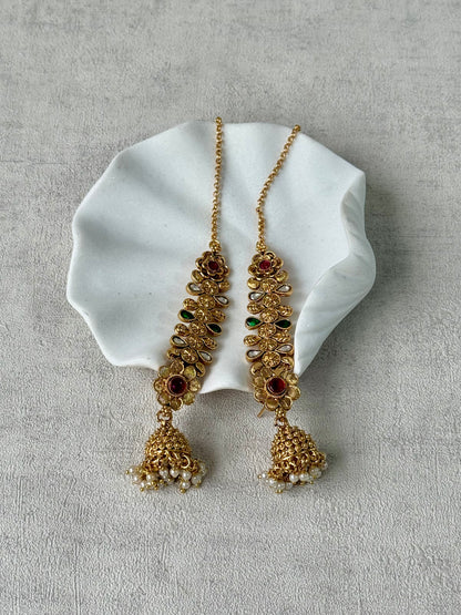 Ayura Designs Keerti Jhumkis – Antique Gold Kannauti Earrings with Ruby Pink & Emerald Green Stones, Mirror-Cut Detailing & Pearl Drops