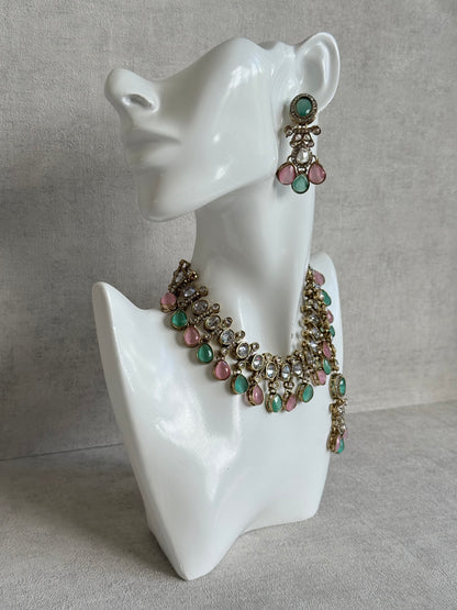 Ayura Designs Ava Necklace Set with Earrings & Tikka – Mint Green & Blush Pink Stone Necklace Set in Antique Gold Finish