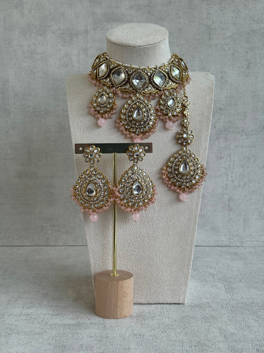 Ayura Designs Kirpa Choker Set with Earrings & Tikka – Mirror-Cut Stones & Blush Pink Beads