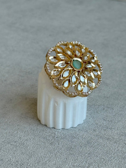 Ayura Designs Elisa Adjustable Ring – Moissanite Floral Ring with Mint Green Centre & Crystal Border