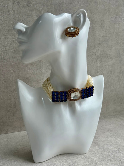 Ayura Designs Emma Choker Set – Sapphire Blue Gemstone Choker & Studs with Mirror-Cut Centrepiece, Pearl Strands & Crystal Borders