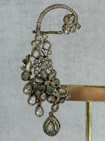 Ayura Designs Aksara Kaanphool Earrings – Mint Green Stones, Kundan, Crystals & Antique Gold Finish
