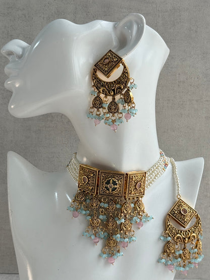 Ayura Designs Samera Choker Set with Earrings & Tikka – Aqua Blue & Blush Pink Beads, Green Centre Stone, Floral Motifs & Antique Gold Finish