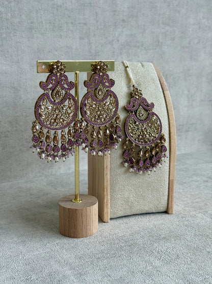 Ayura Designs Anvi Tikka Set with Earrings – Lilac with Champagne Stones & Pearl Drops
