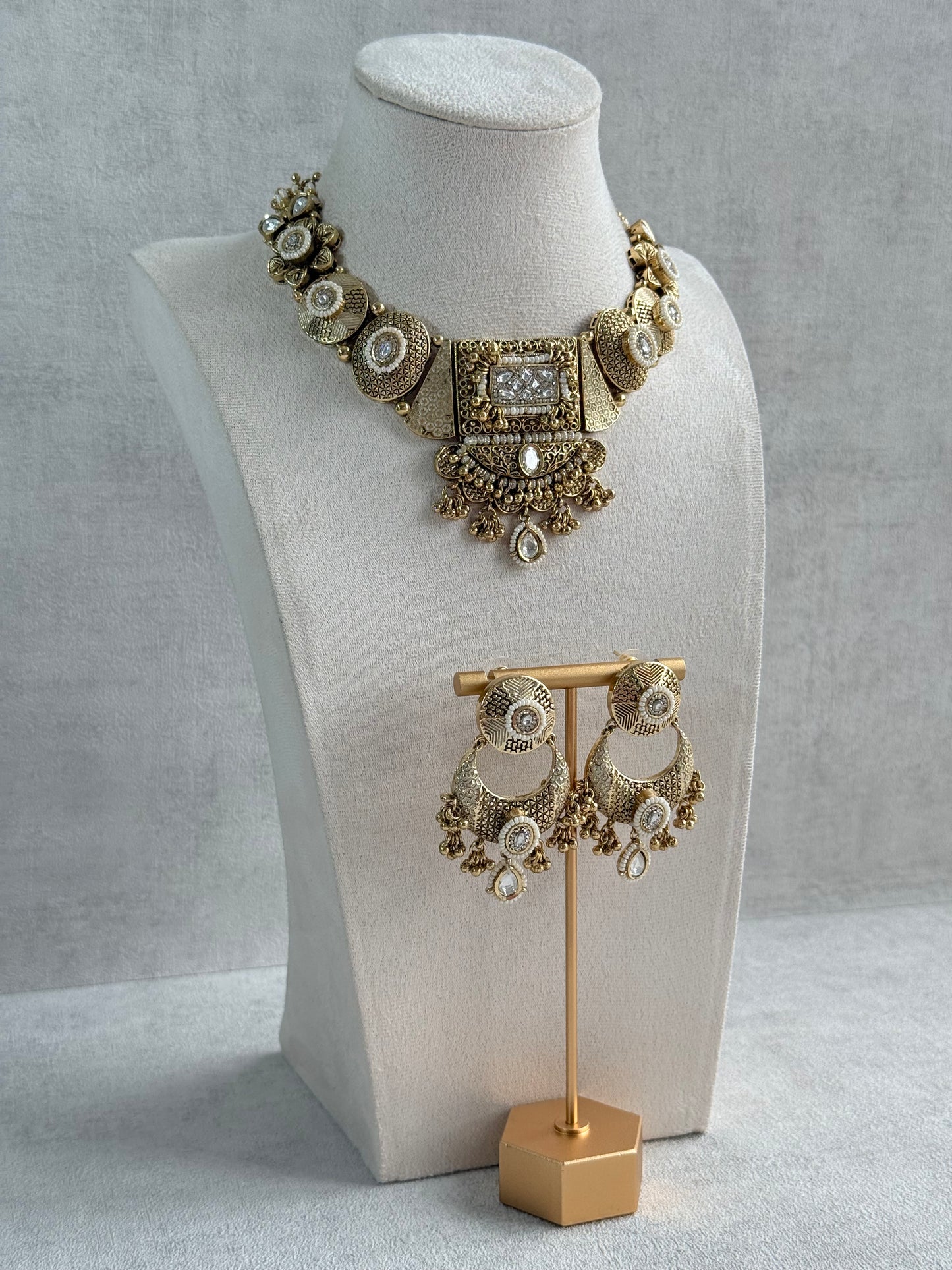Ayura Designs Purvi Set – Necklace & Earrings with Antique Gold Filigree, Ivory & Pearl Detailing