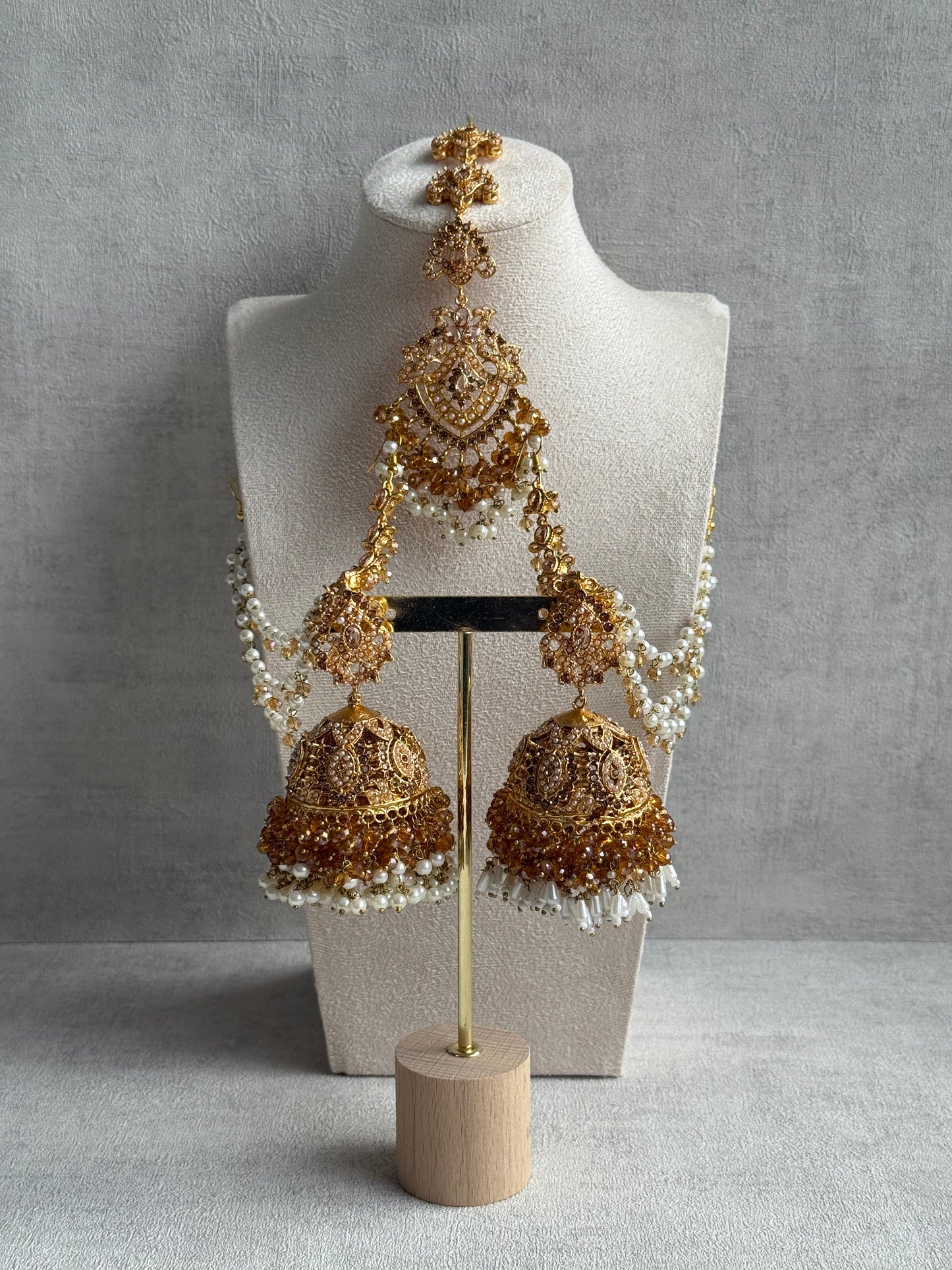 Ayura Designs Safia Tikka Set with Sahare Earrings – Champagne Gold Beads & Pearls