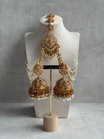 Ayura Designs Safia Tikka Set with Sahare Earrings – Champagne Gold Beads & Pearls