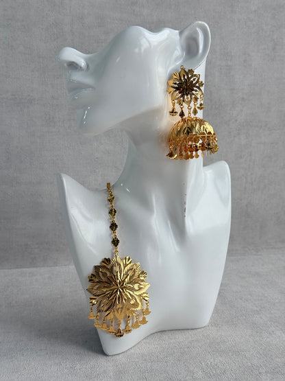 Ayura Designs Mutiyar Tikka Set with Jhumkis – Gold Floral Design with Pippal Patti Drops