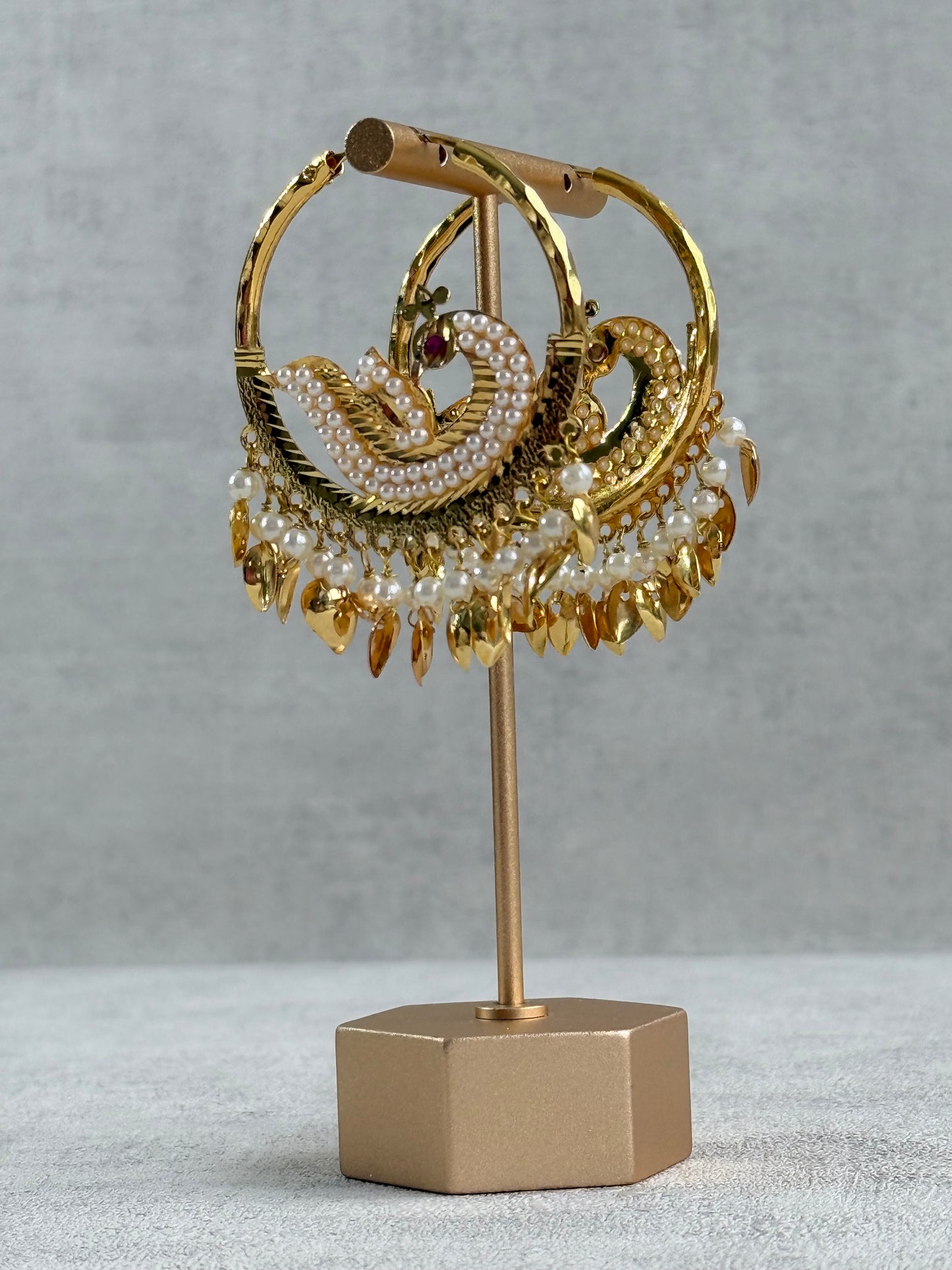 Ayura Designs Hansi Balis – Peacock Design with Pearl & Pippal Patti Detailing in Gold Finish