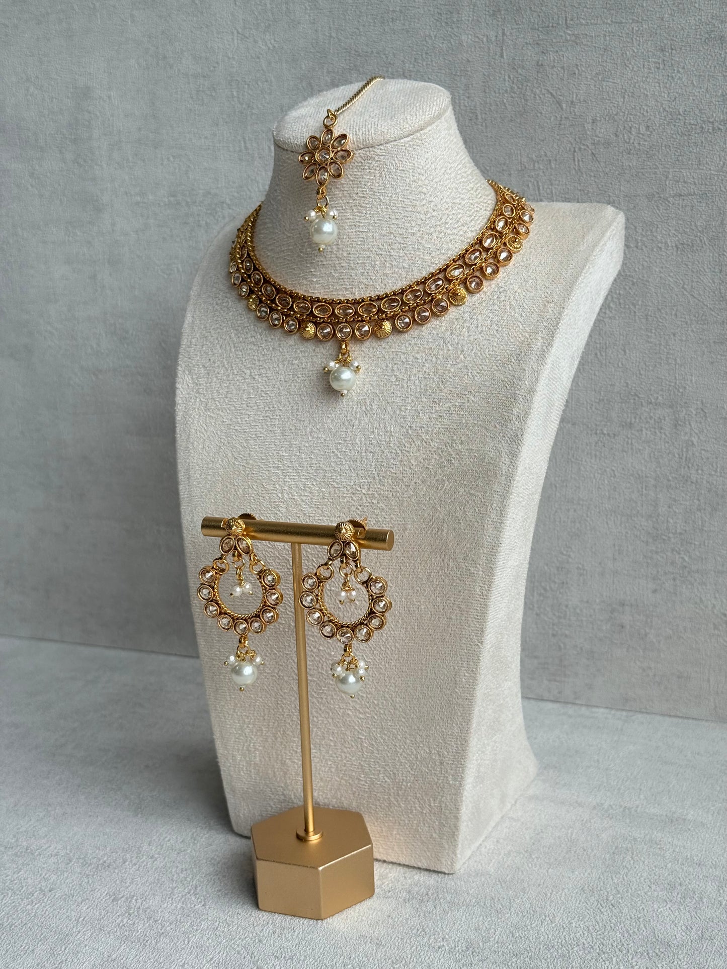 Ayura Designs Rashi Set with Earrings & Tikka – Mirror-Cut Stones with Ivory Pearl Drops in Antique Gold