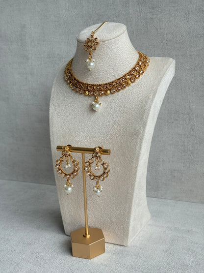 Ayura Designs Rashi Set with Earrings & Tikka – Mirror-Cut Stones with Ivory Pearl Drops in Antique Gold