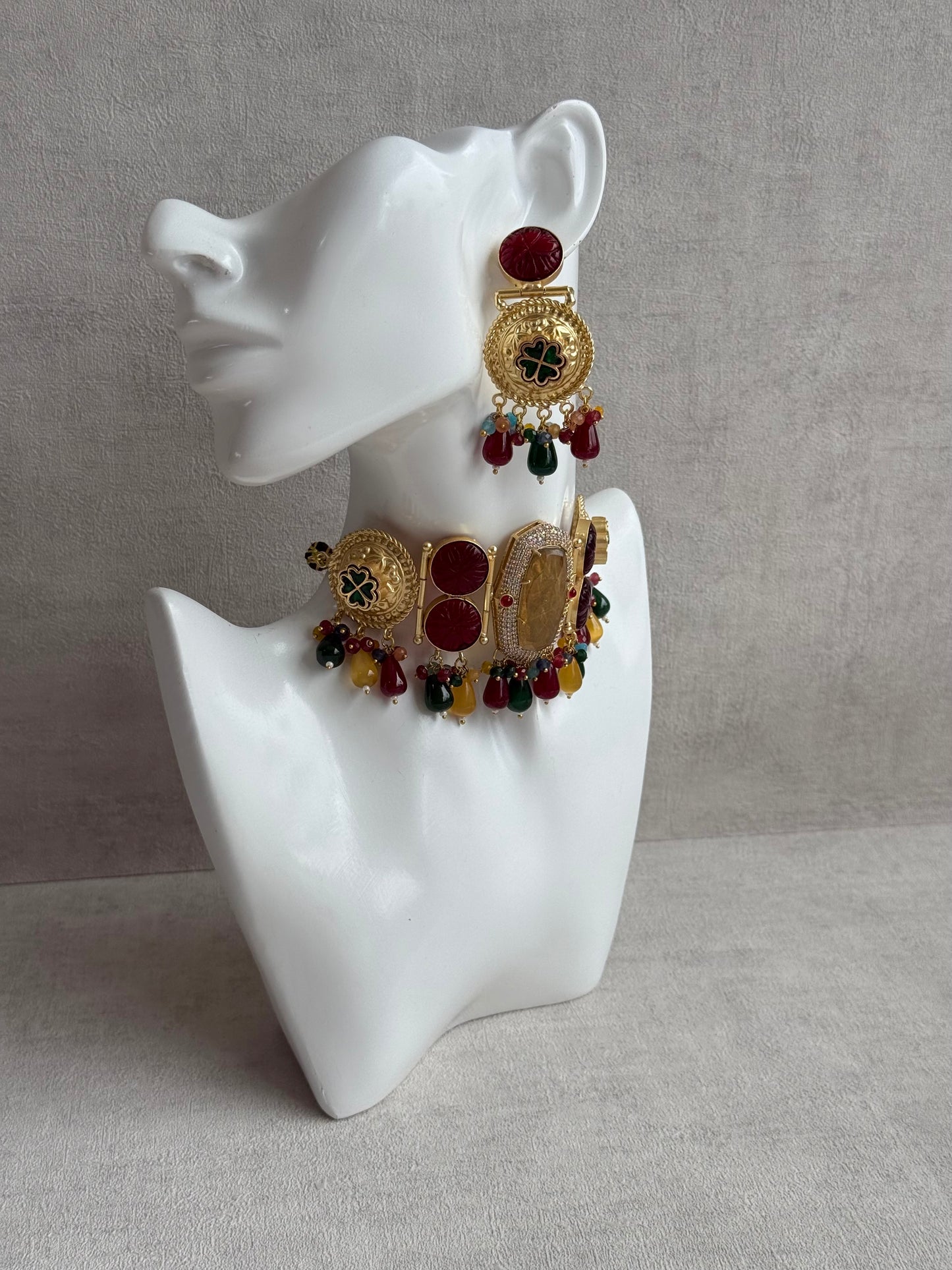 Ayura Designs Faizaan Choker Set with Earrings – Multicolour Stone Drops, Carved Ruby Details & Antique Gold Finish