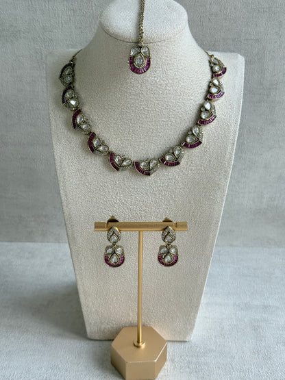 Ayura Designs Katalina Necklace Set with Earrings & Tikka – Rani Pink Stones, Crystals & Antique Gold Finish