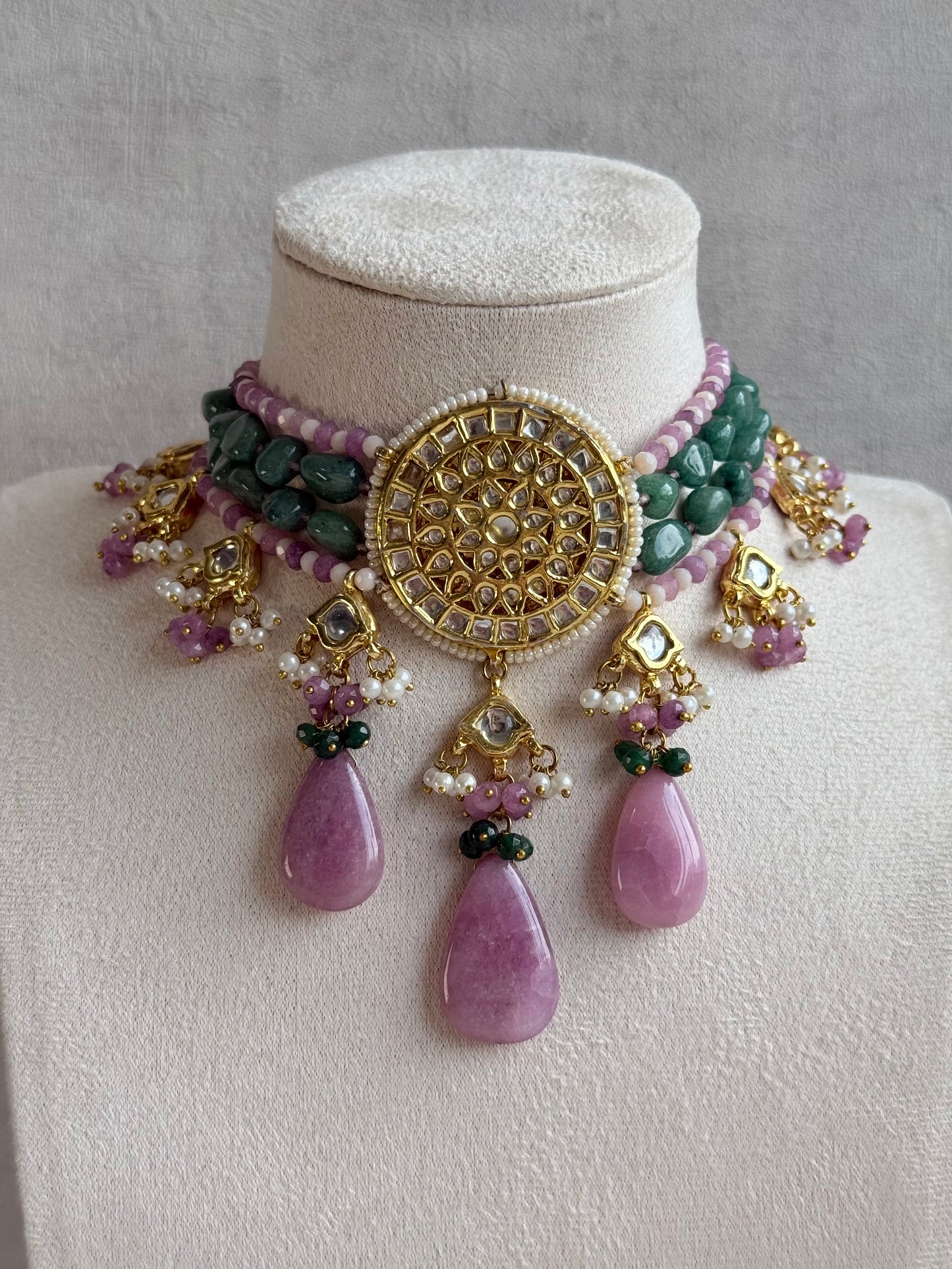 Ayura Designs Rabeeya Kundan Choker Set with Earrings – Blush Pink & Emerald Green Bead Detailing